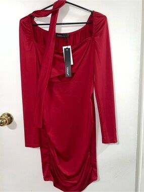 Celmia Red Long-Sleeve Tie-Neck or waist toe Dress